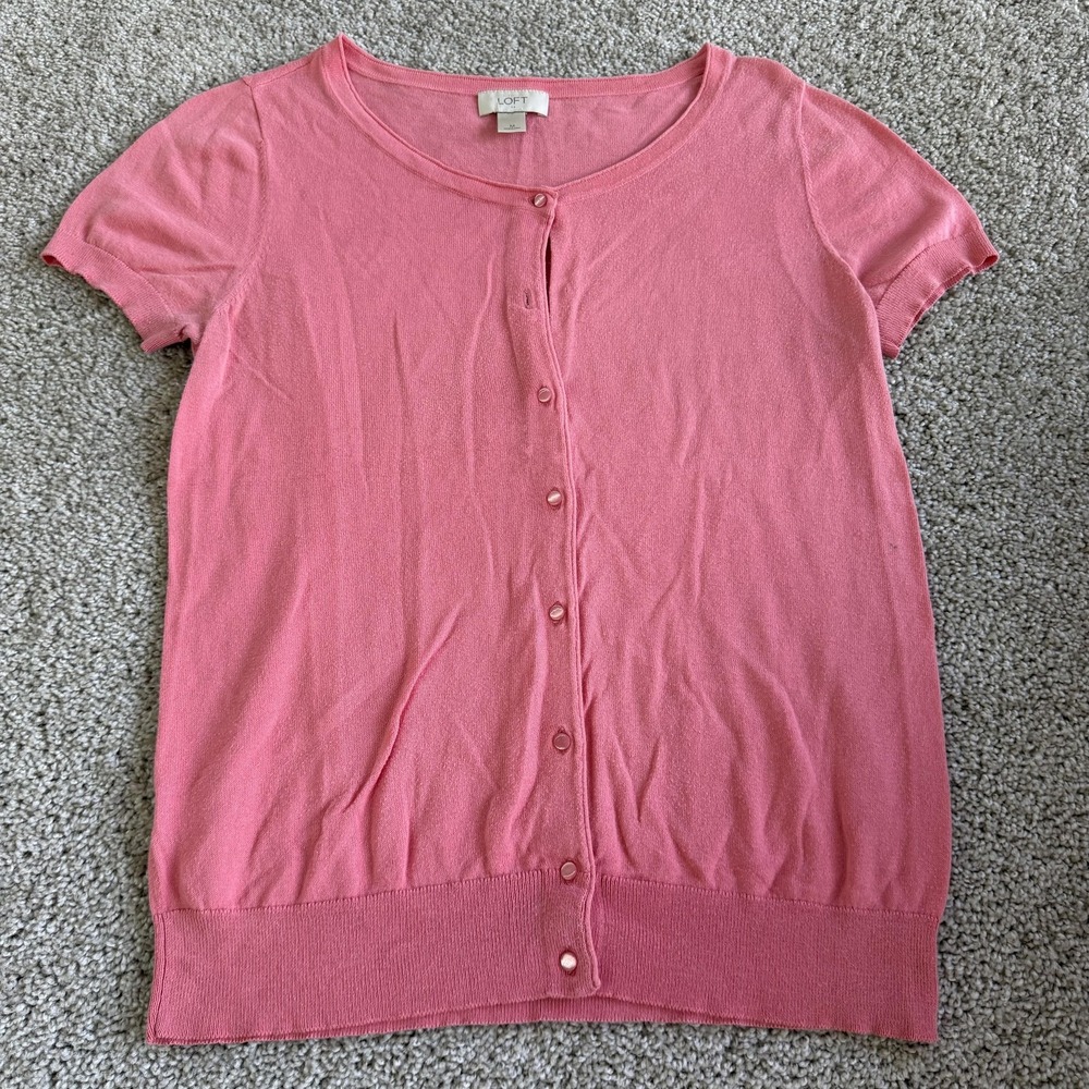 LOFT Cardigan Sweater Womens M Pink Short Sleeve Button Front Scoop Neck Knit